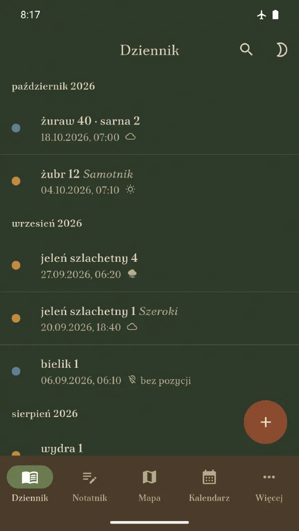 Dziennik: lista obserwacji z gatunkiem, godziną i miejscówką