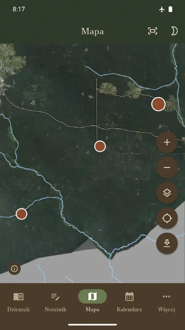 Mapa ze zdjęciami lotniczymi i miejscówkami, telefon w trybie samolotowym